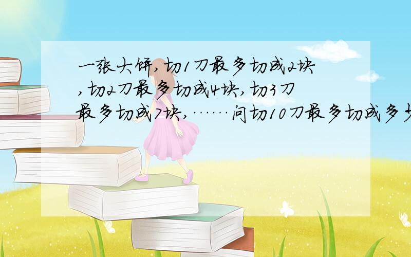 一张大饼,切1刀最多切成2块,切2刀最多切成4块,切3刀最多切成7块,……问切10刀最多切成多少块?