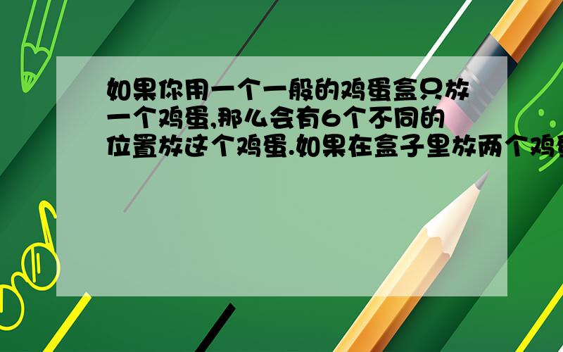 如果你用一个一般的鸡蛋盒只放一个鸡蛋,那么会有6个不同的位置放这个鸡蛋.如果在盒子里放两个鸡蛋会有多少种不同的放法?如果在盒子里放三个,四个,五个或六个鸡`蛋,那么分别会有多少