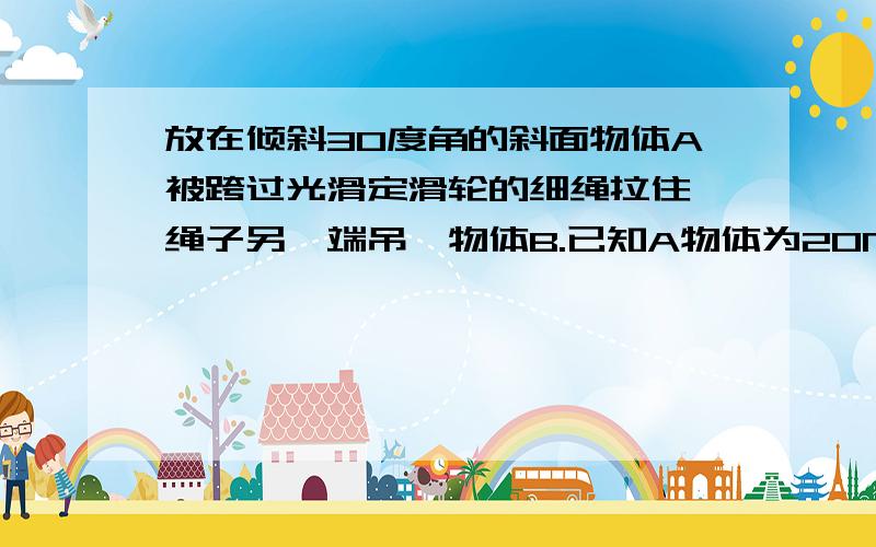 放在倾斜30度角的斜面物体A被跨过光滑定滑轮的细绳拉住,绳子另一端吊一物体B.已知A物体为20N,A最大静摩擦为4N要A保持不动则B的重力取值范围为多少