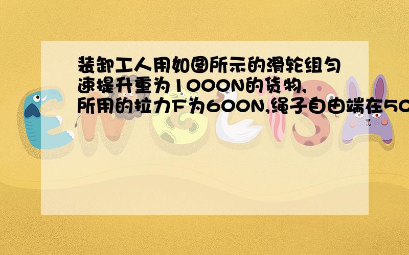 装卸工人用如图所示的滑轮组匀速提升重为1000N的货物,所用的拉力F为600N,绳子自由端在50s内被拉下2m,在此过程中求（1）拉力F所做的功（2）拉力F的功率（3）滑轮组的机械功率图是一个滑轮