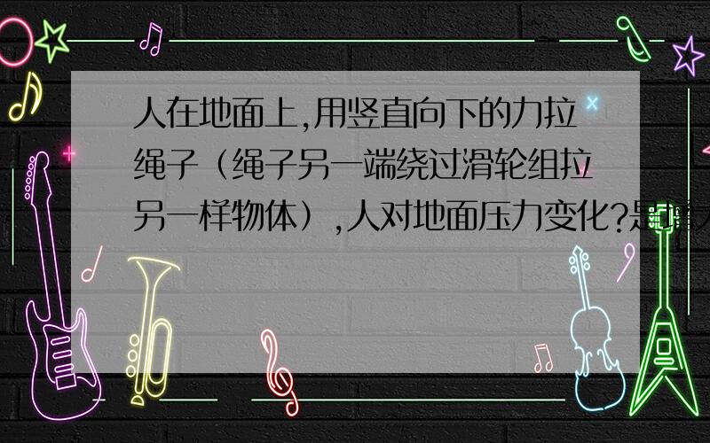 人在地面上,用竖直向下的力拉绳子（绳子另一端绕过滑轮组拉另一样物体）,人对地面压力变化?是增大还是减小?为什么?