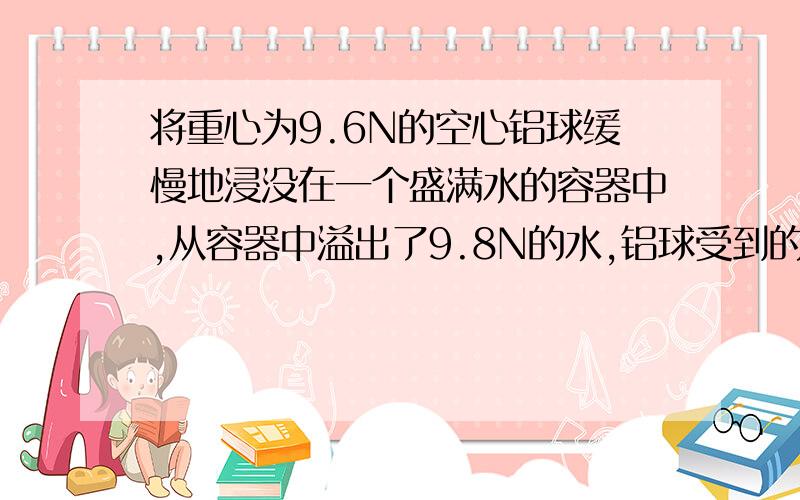 将重心为9.6N的空心铝球缓慢地浸没在一个盛满水的容器中,从容器中溢出了9.8N的水,铝球受到的浮力是?将重心为9.6N的空心铝球缓慢地浸没在一个盛满水的容器中,从容器中溢出了9.8N的水,铝球