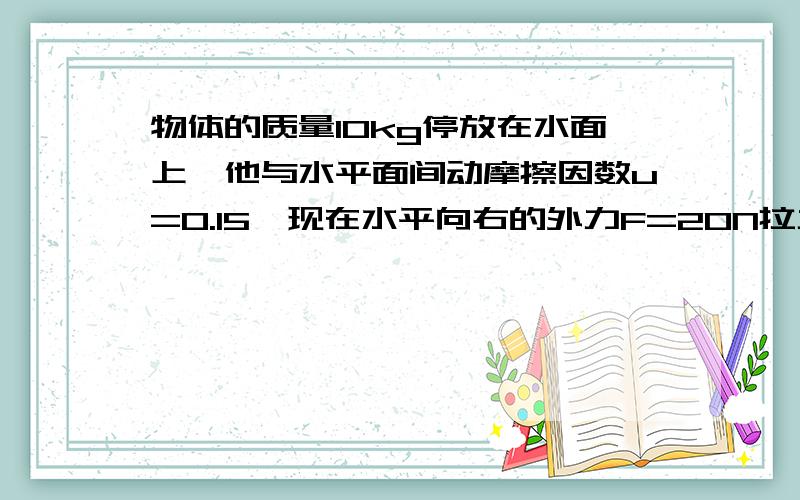 物体的质量10kg停放在水面上,他与水平面间动摩擦因数u=0.15,现在水平向右的外力F=20N拉力作用下向右运动,那么物体受地面的摩擦力方向是------,大小是-------,物体的加速度为m/s² （g取10m/s&su