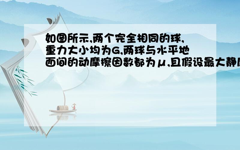 如图所示,两个完全相同的球,重力大小均为G,两球与水平地面间的动摩擦因数都为μ,且假设最大静摩擦力等于滑动摩擦力,一根轻绳两端固结在两个球上,在绳的中点施加一个竖直向上的拉力,