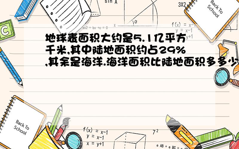 地球表面积大约是5.1亿平方千米,其中陆地面积约占29%,其余是海洋.海洋面积比陆地面积多多少平方千米?解法一：解法二：全部要写算式