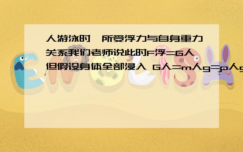 人游泳时,所受浮力与自身重力关系我们老师说此时F浮=G人但假设身体全部浸入 G人=m人g=p人gV人 F浮=p水gV排 此时V人=V排则p人=p水但如果你突然不游泳了 此时p人仍等于p水 那人在水中应该悬浮