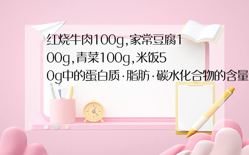 红烧牛肉100g,家常豆腐100g,青菜100g,米饭50g中的蛋白质·脂肪·碳水化合物的含量