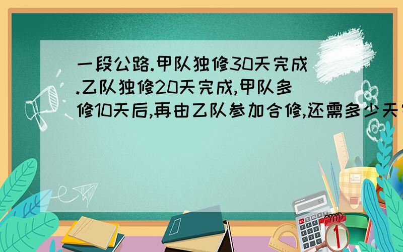 一段公路.甲队独修30天完成.乙队独修20天完成,甲队多修10天后,再由乙队参加合修,还需多少天完成?