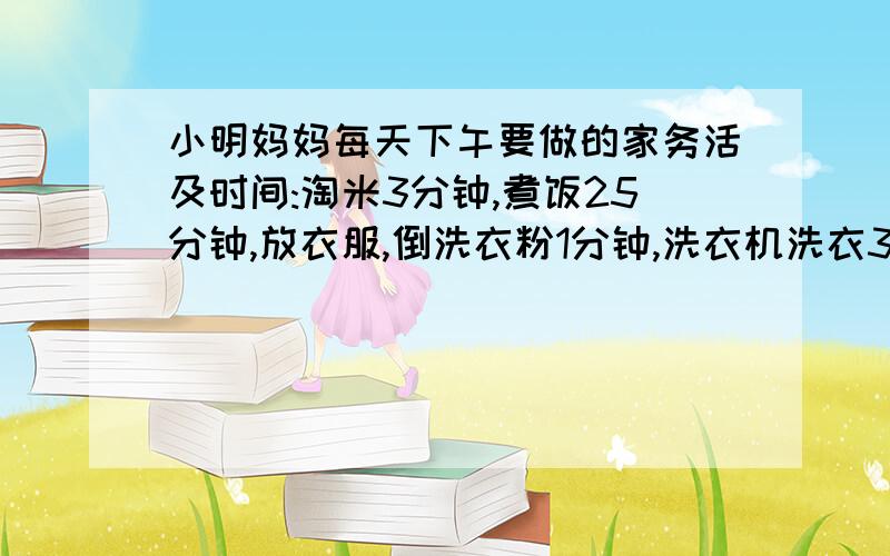 小明妈妈每天下午要做的家务活及时间:淘米3分钟,煮饭25分钟,放衣服,倒洗衣粉1分钟,洗衣机洗衣30分钟,晾衣服5分钟.请描述合理分配时间的最佳方案