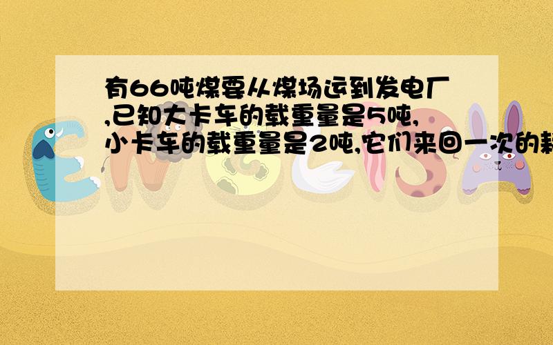 有66吨煤要从煤场运到发电厂,已知大卡车的载重量是5吨,小卡车的载重量是2吨,它们来回一次的耗油两分别是11L和15L.用大、小卡车各多少辆来运煤,才能使总耗油最少?最少需要多少?要算式过