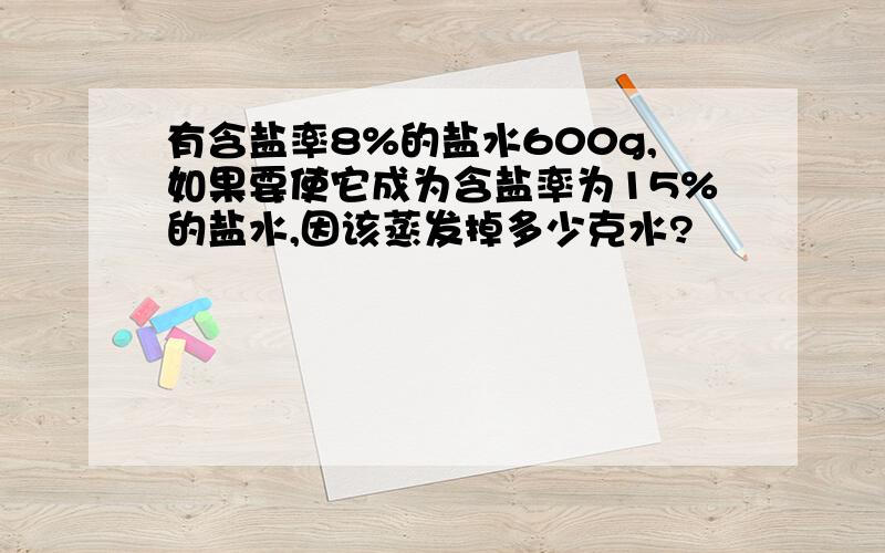 有含盐率8%的盐水600g,如果要使它成为含盐率为15%的盐水,因该蒸发掉多少克水?