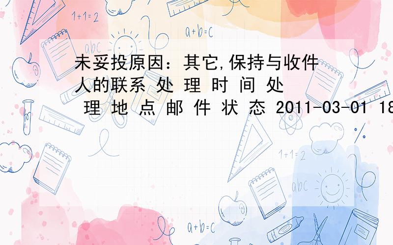 未妥投原因：其它,保持与收件人的联系 处 理 时 间 处 理 地 点 邮 件 状 态 2011-03-01 18:11:04 杭州市 到达处理中心,来自杭州市国际营业处 18:45:00 杭州市邮政速递物流公司江干区分公司秋涛北