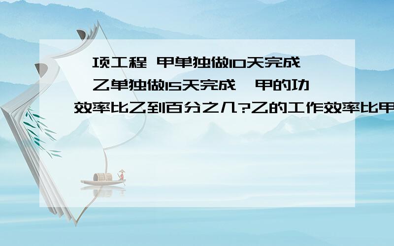 一项工程 甲单独做10天完成,乙单独做15天完成,甲的功效率比乙到百分之几?乙的工作效率比甲慢百分之几?