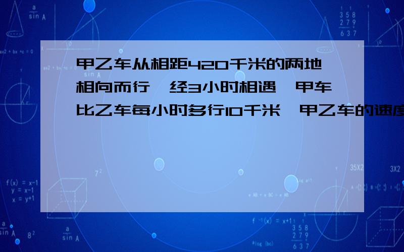 甲乙车从相距420千米的两地相向而行,经3小时相遇,甲车比乙车每小时多行10千米,甲乙车的速度各是多少?谢谢大家的帮忙,在下感激不尽.