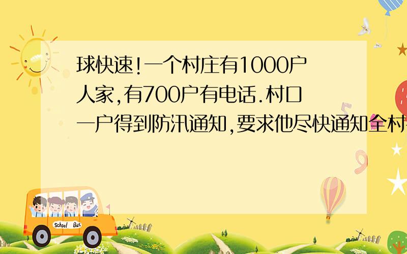 球快速!一个村庄有1000户人家,有700户有电话.村口一户得到防汛通知,要求他尽快通知全村各户.如果电话通知,每通知一户需要一分钟；如果见面通知每次需要7分钟,但一次可通知60户.得到通知