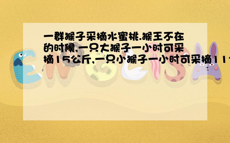 一群猴子采摘水蜜桃.猴王不在的时候,一只大猴子一小时可采摘15公斤,一只小猴子一小时可采摘11公斤;猴王在场监督的时候,大猴子的和小猴子的必须停止采摘,去伺候猴王.有一天,采摘了8小时