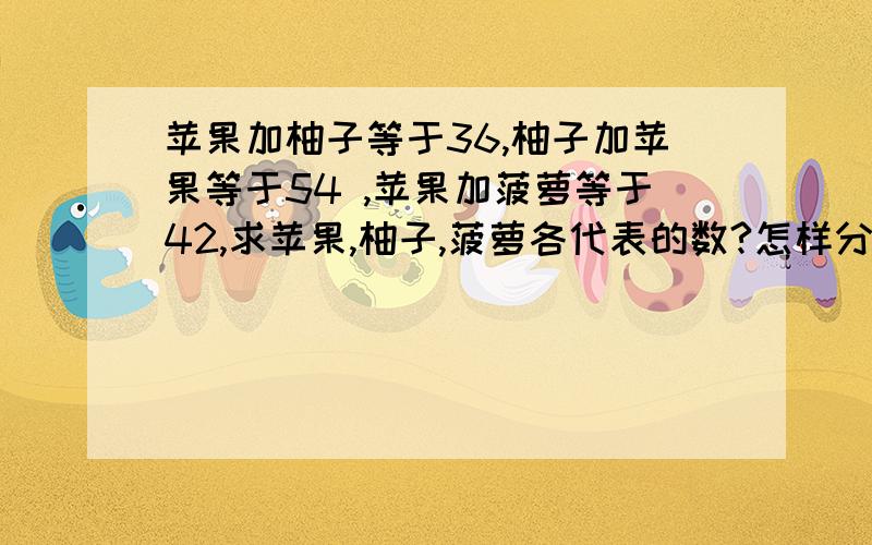 苹果加柚子等于36,柚子加苹果等于54 ,苹果加菠萝等于42,求苹果,柚子,菠萝各代表的数?怎样分析?