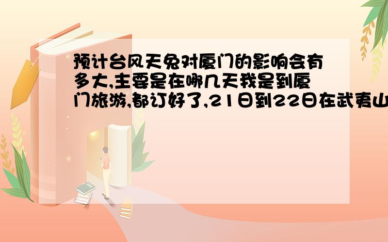 预计台风天兔对厦门的影响会有多大,主要是在哪几天我是到厦门旅游,都订好了,21日到22日在武夷山,23日到26日正好在厦门,正好赶上台风,真无语了