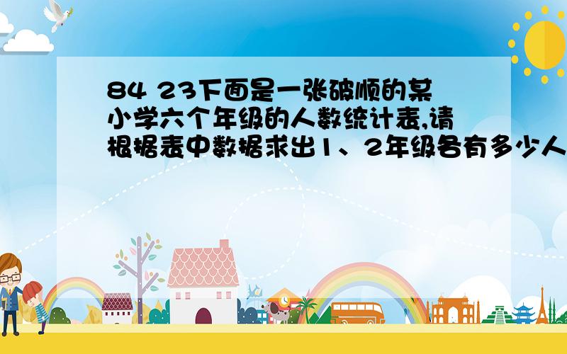 84 23下面是一张破顺的某小学六个年级的人数统计表,请根据表中数据求出1、2年级各有多少人.8 4 88 92 91 89 908