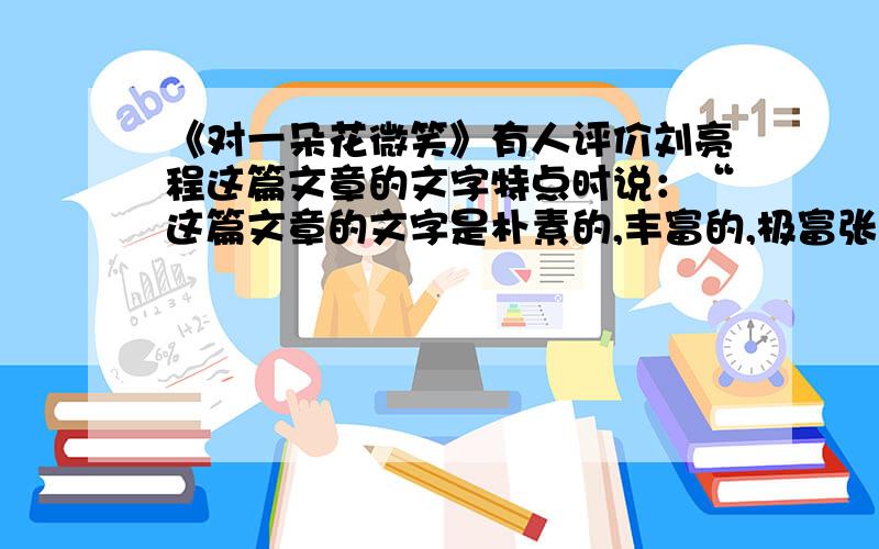 《对一朵花微笑》有人评价刘亮程这篇文章的文字特点时说：“这篇文章的文字是朴素的,丰富的,极富张力的,很干脆,清爽和优雅.那事经过乡村之风滋润过的语言,那事经过小溪之水淘洗过的