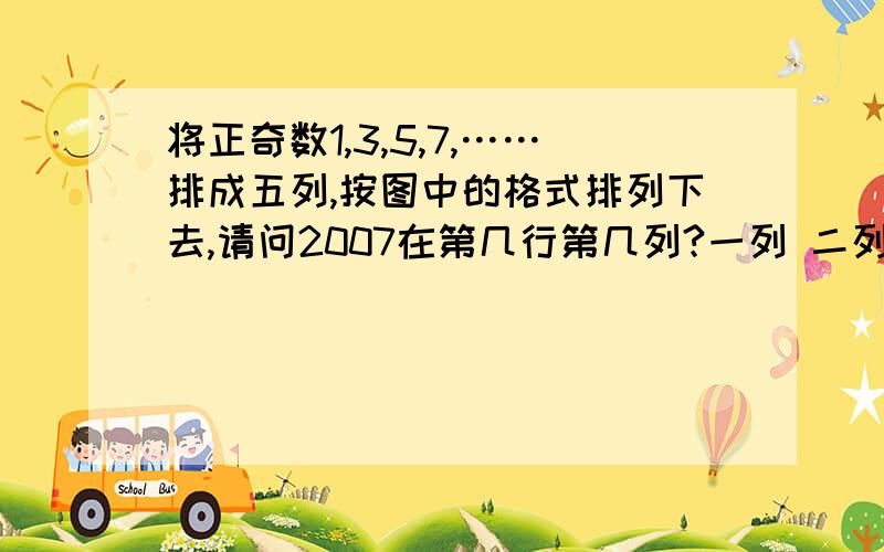 将正奇数1,3,5,7,……排成五列,按图中的格式排列下去,请问2007在第几行第几列?一列 二列 三列 四列 五列一行 1 3 5 7二行 15 13 11 9 三行 17 19 21 23 四行 31 29 27 25五行 33 35 37 39…2009在哪一行哪一