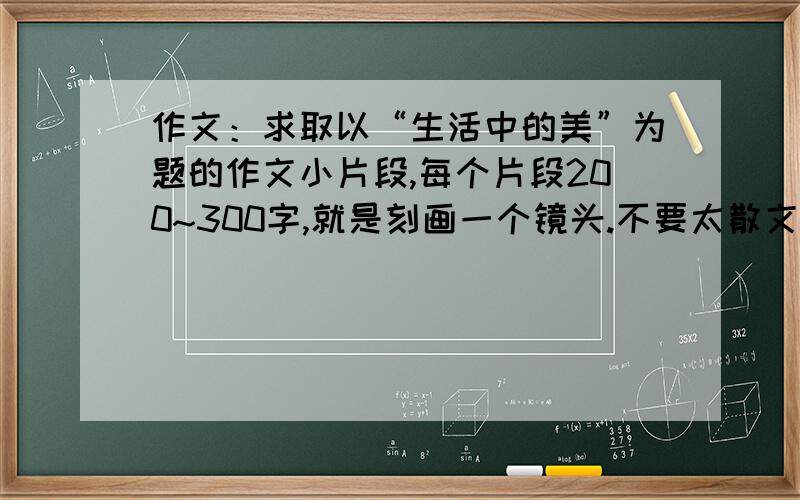 作文：求取以“生活中的美”为题的作文小片段,每个片段200~300字,就是刻画一个镜头.不要太散文化.以“生活中的美”为题,不要散文,记叙文为主,每个片段200~300字.我要高中作文