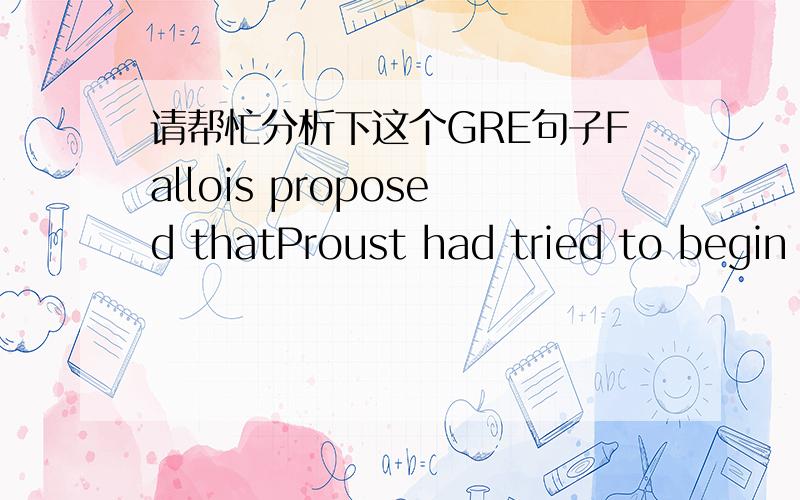 请帮忙分析下这个GRE句子Fallois proposed thatProust had tried to begin a novel in 1908,abandoned it for what was to be along demonstration of Saint-Beuve’s blindness to the real nature of greatwriting ,found the essay giving rise to person