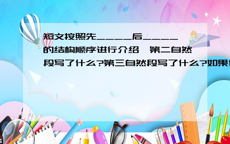 短文按照先____后____的结构顺序进行介绍,第二自然段写了什么?第三自然段写了什么?如果你有机会来到赤道区域或地球两极,你会和谁做朋友,你会做什么,想什么呢?（《生命的摇篮》）