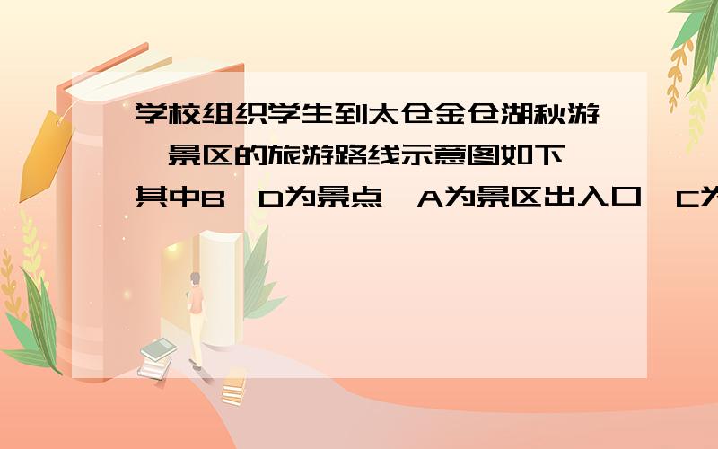 学校组织学生到太仓金仓湖秋游,景区的旅游路线示意图如下,其中B、D为景点,A为景区出入口,C为路的交叉点,图中数据为相应两点间的路程（单位：千米）．小明从A出发,以2千米/时的速度沿路