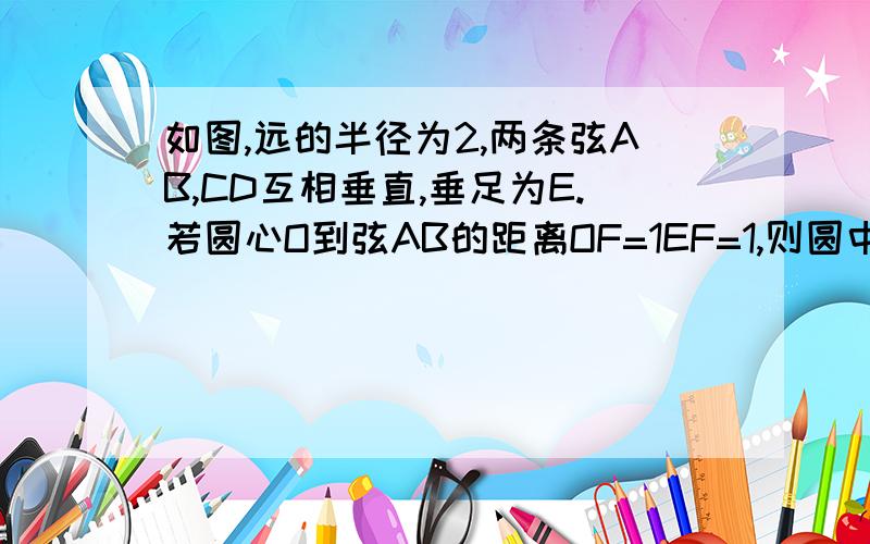 如图,远的半径为2,两条弦AB,CD互相垂直,垂足为E.若圆心O到弦AB的距离OF=1EF=1,则圆中阴影部分的面积等于多少?(DEB和AEC为阴影部分,AB线为没标出的那条线）