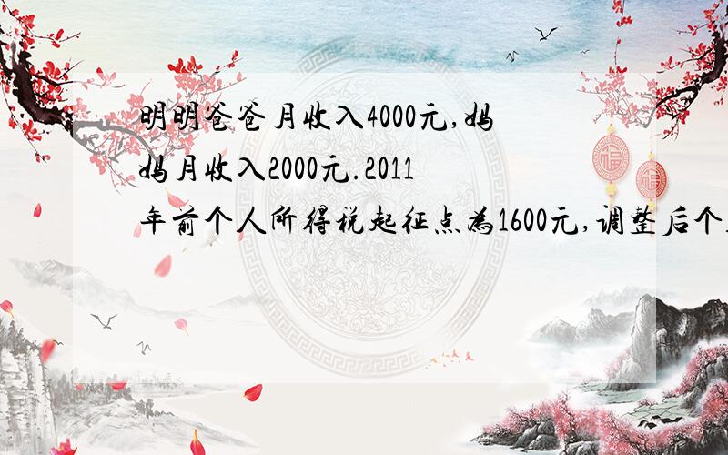 明明爸爸月收入4000元,妈妈月收入2000元.2011年前个人所得税起征点为1600元,调整后个人所得税为3500元