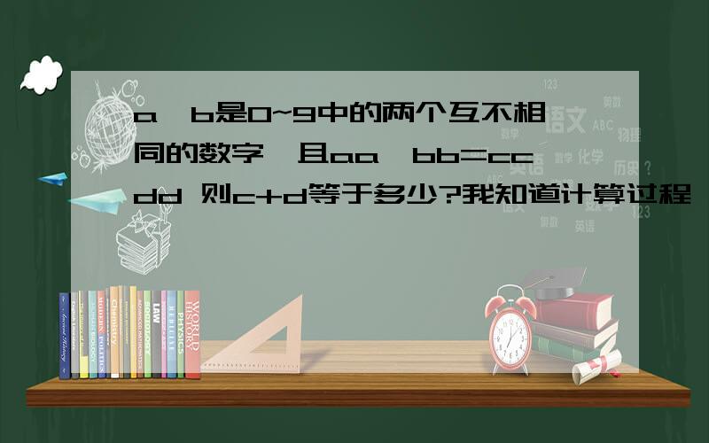 a,b是0~9中的两个互不相同的数字,且aa*bb=ccdd 则c+d等于多少?我知道计算过程,但有一步不理解,请朋友帮助.11a*11b=1100c+11d11a*11b=11*c0d计算到这里我就不知道下面是怎么得来的了.c+d=11