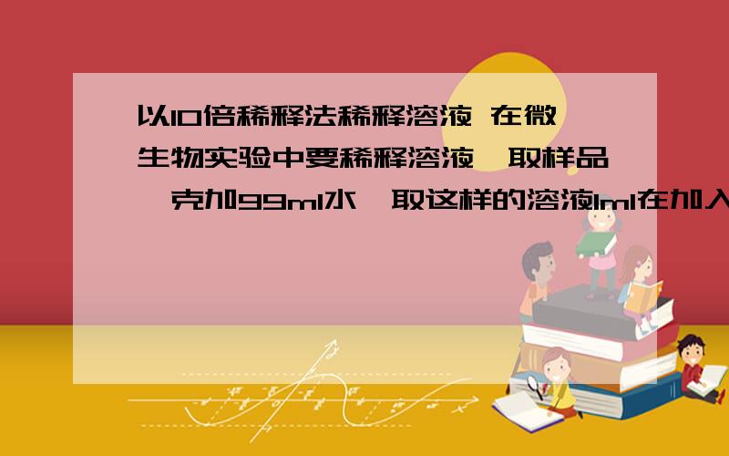 以10倍稀释法稀释溶液 在微生物实验中要稀释溶液,取样品一克加99ml水,取这样的溶液1ml在加入9ml水可得到10∧-3稀释液,那么要得到10∧-4,10∧-5稀释液 ,是不是就是取上一级的溶液1ml在加入9ml水