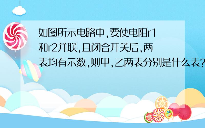 如图所示电路中,要使电阻r1和r2并联,且闭合开关后,两表均有示数,则甲,乙两表分别是什么表?A电流表 电流表B电流表 电压表C电压表 电流表D电压表 电压表所示电路为并联电路，电阻r1和r2并联