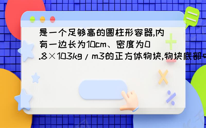 是一个足够高的圆柱形容器,内有一边长为10cm、密度为0.8×103kg/m3的正方体物块,物块底部中央连有一根长为20cm的细线,细线的另一端系于容器底部中央(图甲中看不出,可参见图乙).向容器内缓慢