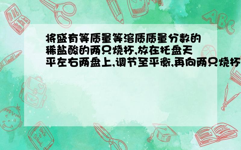 将盛有等质量等溶质质量分数的稀盐酸的两只烧杯,放在托盘天平左右两盘上,调节至平衡,再向两只烧杯中分别放入质量相等的镁和铁,待反应停止后,请判断：若天平仍保持平衡,烧杯中一定没