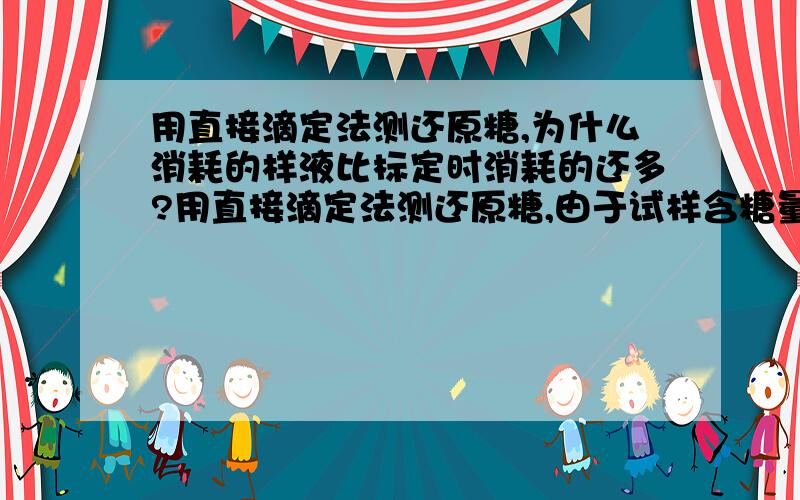 用直接滴定法测还原糖,为什么消耗的样液比标定时消耗的还多?用直接滴定法测还原糖,由于试样含糖量很少,所以事先加入10ml的样液在碱性酒石酸铜甲乙液中,标定时才消耗9.4ml的葡萄糖标准