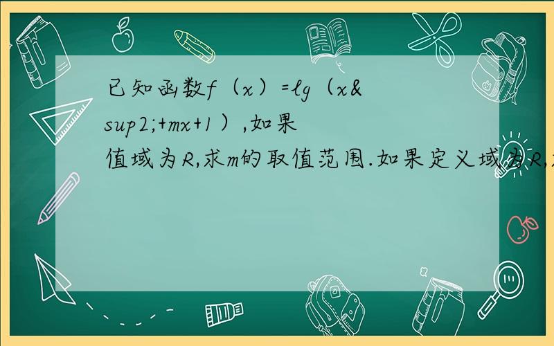 已知函数f（x）=lg（x²+mx+1）,如果值域为R,求m的取值范围.如果定义域为R,求m的取值范围.为什么x*x+mx+1必须要能取到所有的正数，就x²+mx+1的最小值必须小于等于0？不是应该大于等于0吗