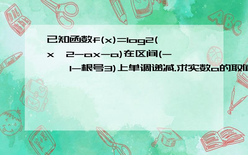 已知函数f(x)=log2(x^2-ax-a)在区间(-∞,1-根号3)上单调递减.求实数a的取值范围