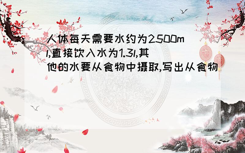 人体每天需要水约为2500ml,直接饮入水为1.3l,其他的水要从食物中摄取,写出从食物