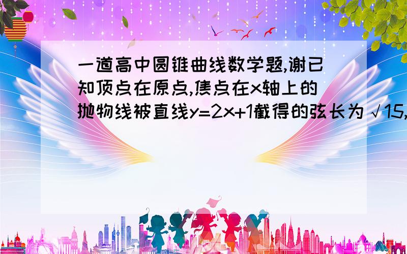 一道高中圆锥曲线数学题,谢已知顶点在原点,焦点在x轴上的抛物线被直线y=2x+1截得的弦长为√15,求抛物线的方程.