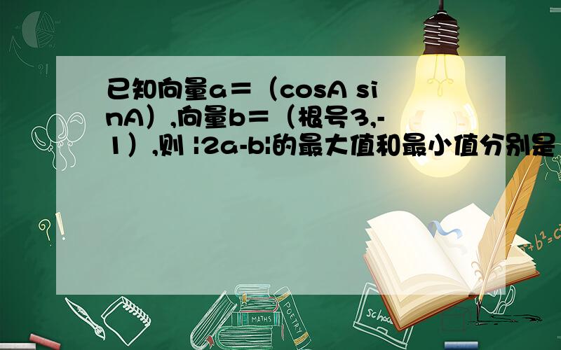 已知向量a＝（cosA sinA）,向量b＝（根号3,-1）,则 |2a-b|的最大值和最小值分别是（ ）A 4倍的根号2 0B 4倍的根号2 4C 16 0D 4 0