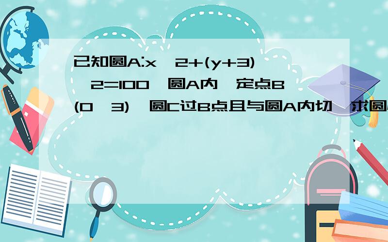 已知圆A:x^2+(y+3)^2=100,圆A内一定点B(0,3),圆C过B点且与圆A内切,求圆心C的轨迹详解,