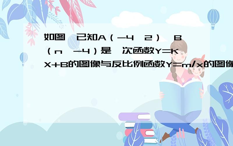 如图,已知A（-4,2）、B（n,-4）是一次函数Y=KX+B的图像与反比例函数Y=m/x的图像的两个交点（1）求此反比例函数和一次函数的解析式；（2）根据图像写出使一次函数的值小于反比例函数的值的X