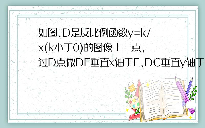 如图,D是反比例函数y=k/x(k小于0)的图像上一点,过D点做DE垂直x轴于E,DC垂直y轴于C,一次函数y=-x+m与y=-