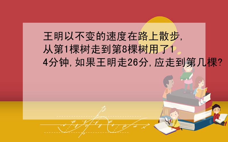 王明以不变的速度在路上散步,从第1棵树走到第8棵树用了14分钟,如果王明走26分,应走到第几棵?