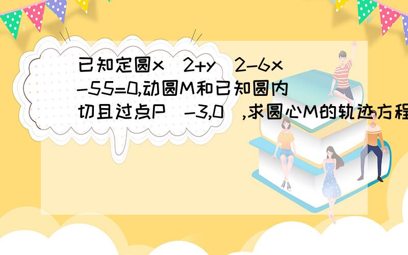 已知定圆x^2+y^2-6x-55=0,动圆M和已知圆内切且过点P(-3,0),求圆心M的轨迹方程