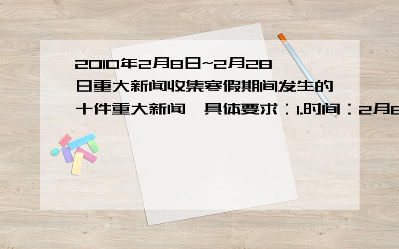 2010年2月8日~2月28日重大新闻收集寒假期间发生的十件重大新闻,具体要求：1.时间：2月8日~2月28日2.国内新闻5件,国际新闻5件3.对每件新闻做50~100字的评论能帮我每个都加点评论吗?