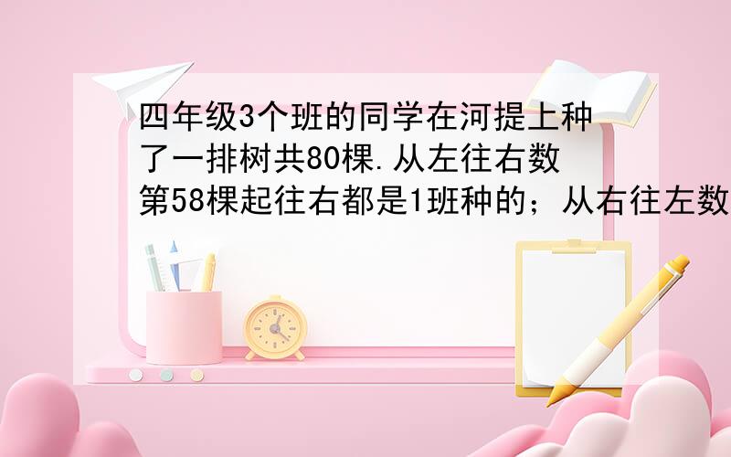 四年级3个班的同学在河提上种了一排树共80棵.从左往右数第58棵起往右都是1班种的；从右往左数第63棵都是3班种的,那么2班种了多少棵?