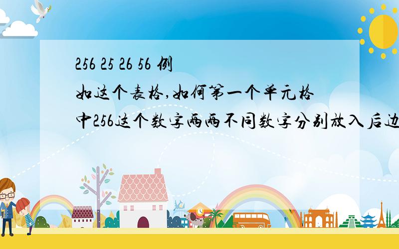 256 25 26 56 例如这个表格,如何第一个单元格中256这个数字两两不同数字分别放入后边的三个单元格中